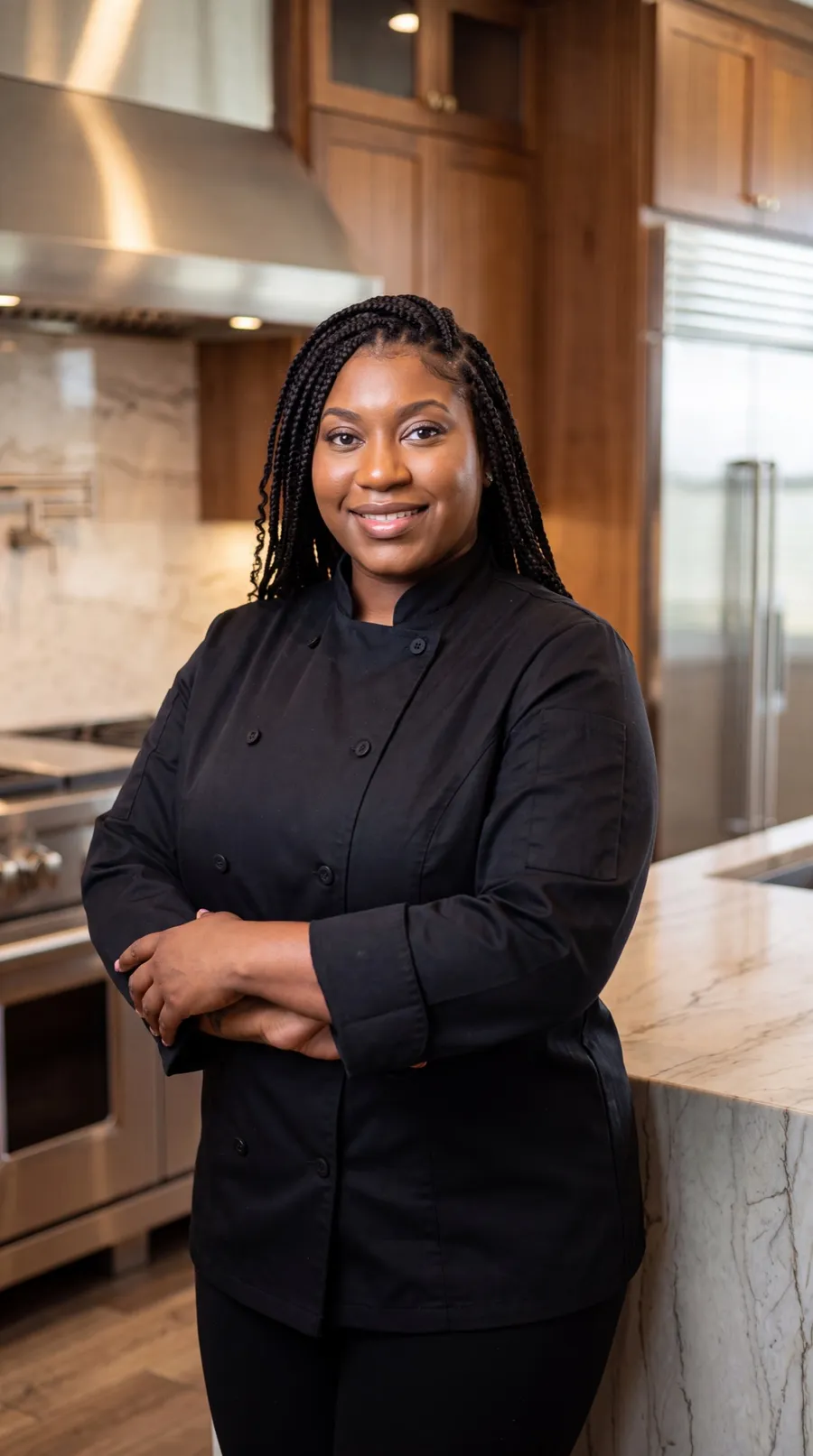Chef Breana Brice standing in a luxury kitchen