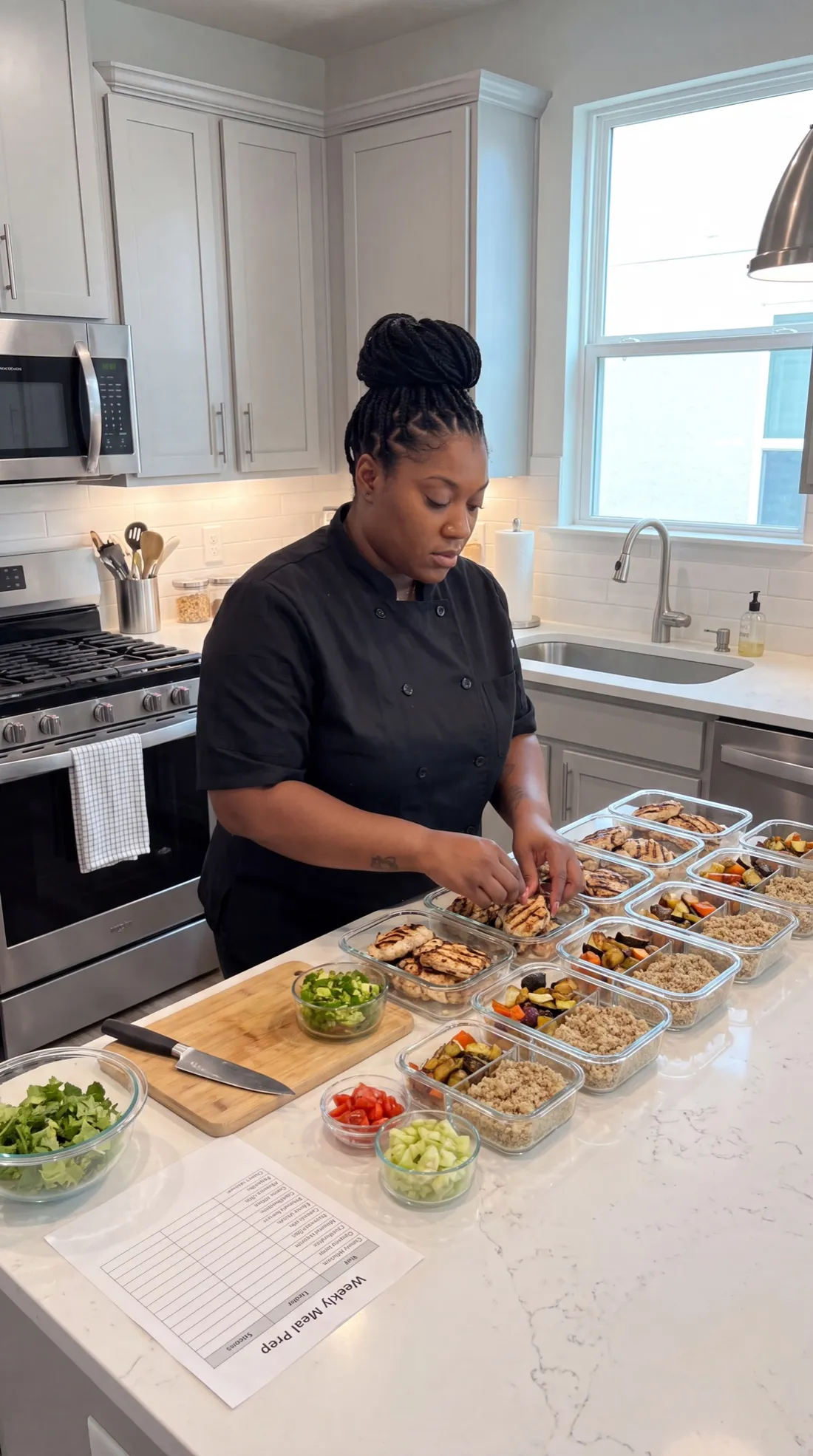 Chef Breana portioning a week of prepared meals into containers