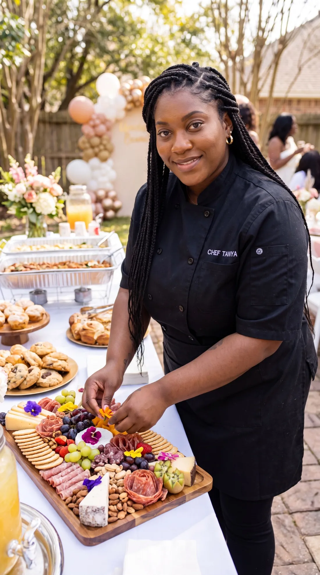 Chef Breana arranging an elegant grazing table at an outdoor event