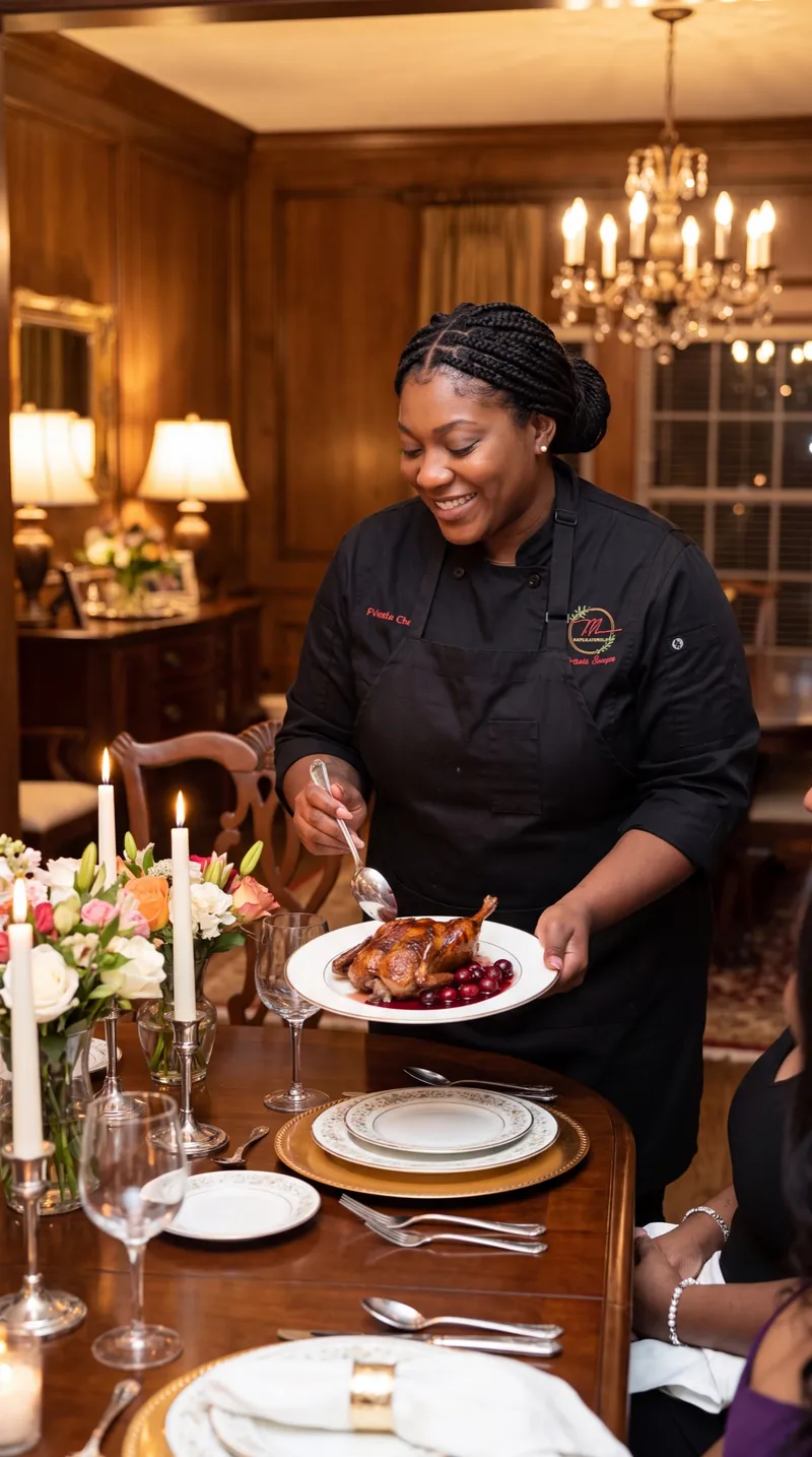 Chef Breana serving a plated course at a candlelit private dinner