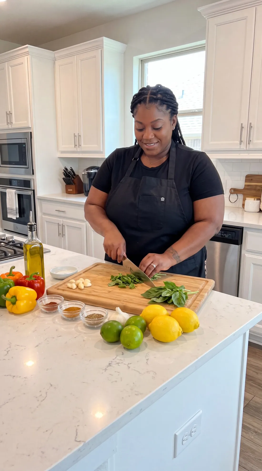 Chef Breana preparing fresh ingredients in a bright kitchen